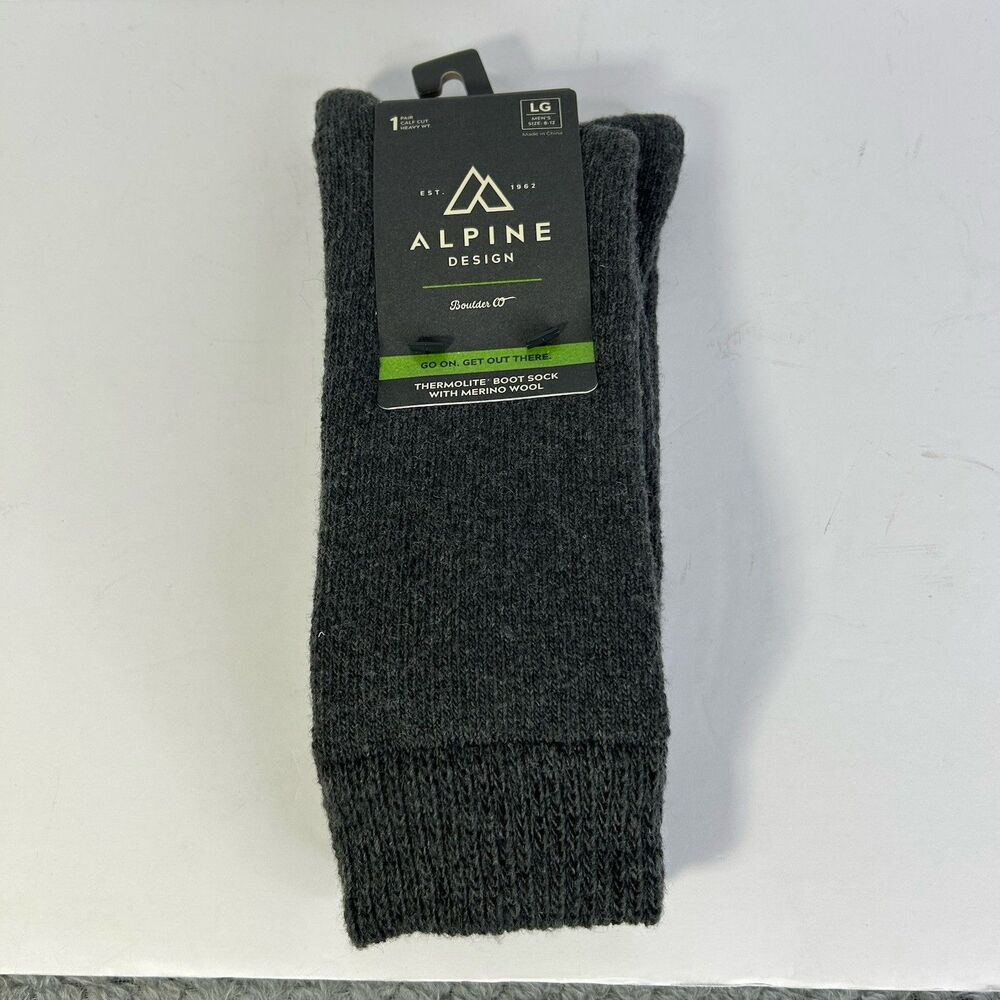 Alpine Design Mens Thermolite Merino Wool Calf Cut Boot Crew Socks Gray L 8-12